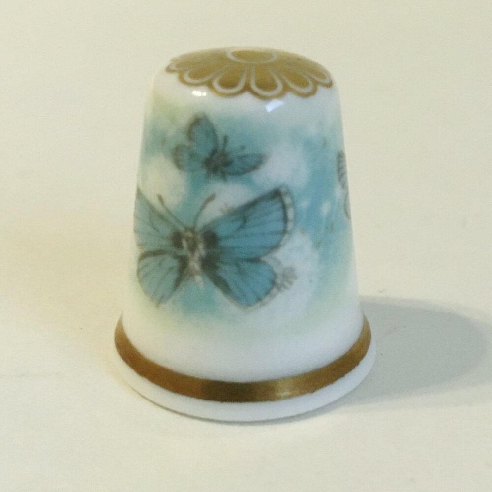 Butterfly Spode Thimble Fine Bone China England Teal Green Gold White Vintage
